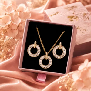 Crystal Halo Circle Anti-Tarnish Necklace Set