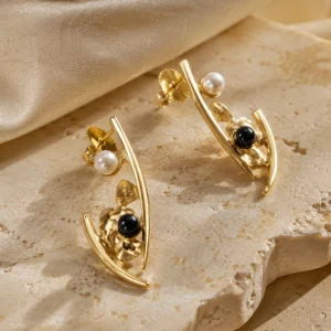 Noir Pearl Arc Anti-Tarnish Brass Earrings