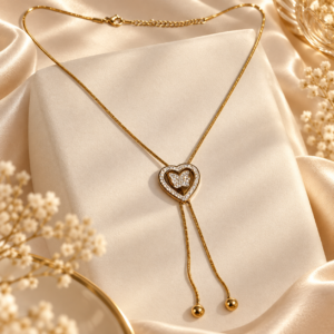 Golden Heart Butterfly Lariat Anti-Tarnish Stainless Steel Necklace